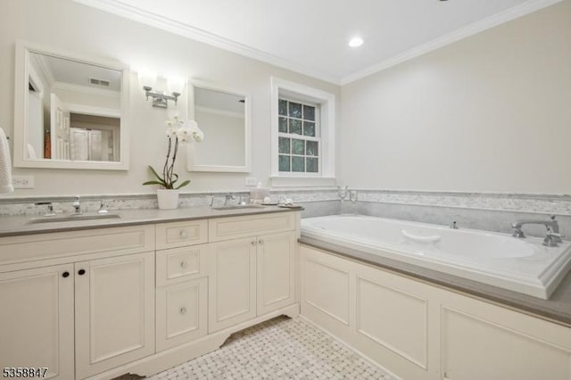 47 Barnsdale Rd, Millburn Twp, NJ 07078 - full bathroom featuring double vanity, a garden tub, ornamental molding, tile patterned floors, and recessed lighting