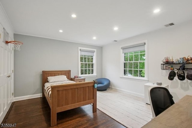 47 Barnsdale Rd, Millburn Twp, NJ 07078 - bedroom featuring recessed lighting, dark wood-style flooring, multiple windows, baseboards, and ornamental molding