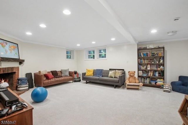 47 Barnsdale Rd, Millburn Twp, NJ 07078 - carpeted living area with recessed lighting, crown molding, and a fireplace
