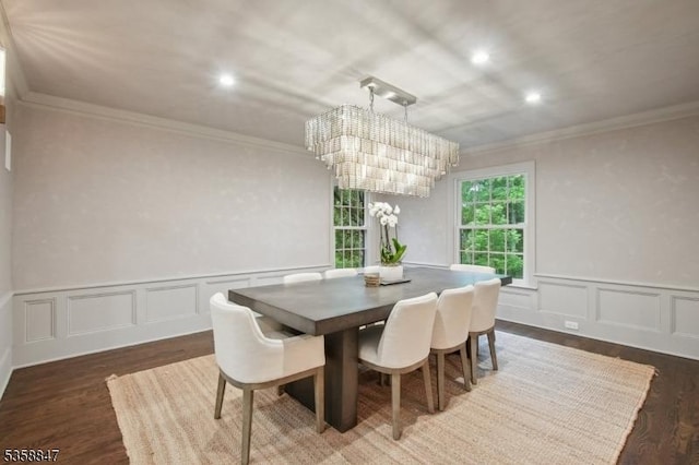 47 Barnsdale Rd, Millburn Twp, NJ 07078 - dining room featuring a chandelier, ornamental molding, a decorative wall, recessed lighting, and wainscoting