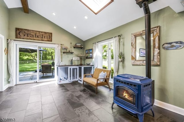 439 Mountain View Rd, Franklin Twp, NJ 08802 - living area featuring a wood stove, plenty of natural light, recessed lighting, beam ceiling, and baseboards