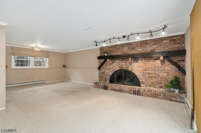 44 Stanhope Rd, Sparta Twp, NJ 07871 - unfurnished living room featuring baseboard heating, carpet floors, a brick fireplace, a baseboard heating unit, and crown molding