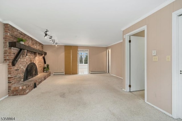 44 Stanhope Rd, Sparta Twp, NJ 07871 - unfurnished living room with a baseboard heating unit, carpet floors, a fireplace, and crown molding