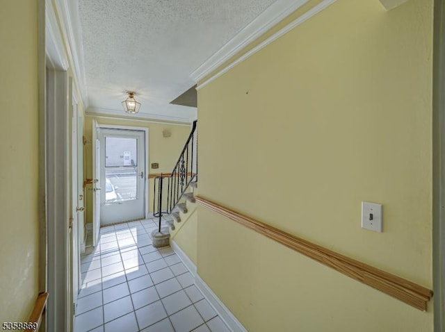 1068 Robin Rd, Hillsborough Twp, NJ 08844 - hallway with crown molding, a textured ceiling, light tile patterned flooring, and stairway