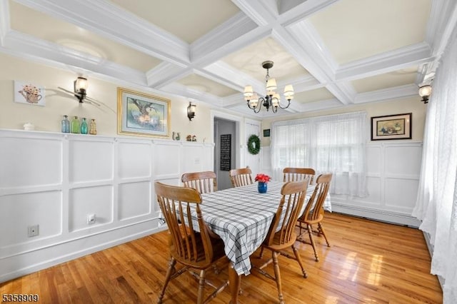 705 Warren Glen Rd, Greenwich Twp, NJ 08804 - dining room featuring a decorative wall, baseboard heating, a chandelier, coffered ceiling, and beamed ceiling