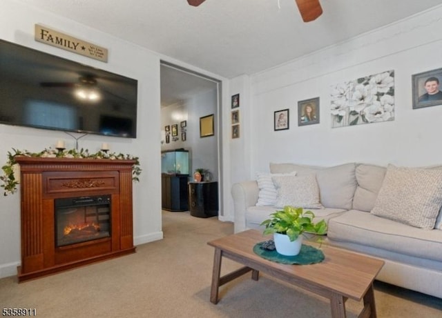 8 Hampton St, Newton Town, NJ 07860 - living area with ceiling fan, a glass covered fireplace, and light colored carpet