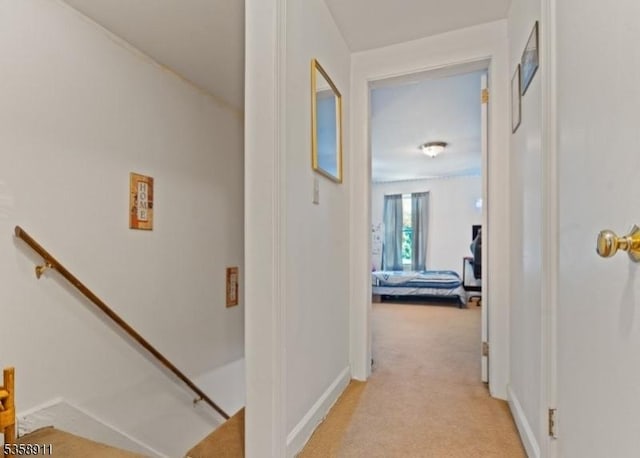 8 Hampton St, Newton Town, NJ 07860 - hallway featuring light carpet, baseboards, and an upstairs landing