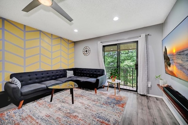 62 Taylor Dr, Franklin Twp, NJ 08823 - living room featuring wood finished floors, recessed lighting, a textured ceiling, and ceiling fan