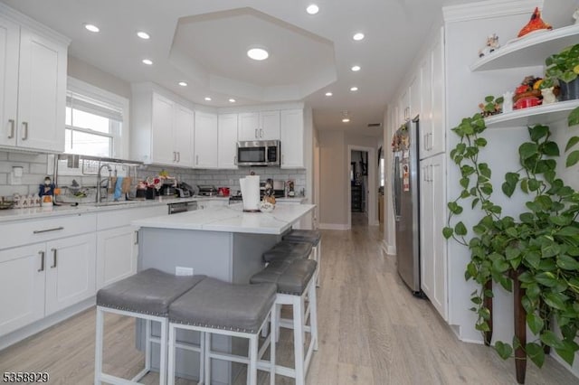 118 Holly St, Woodbridge Twp, NJ 07064 - kitchen featuring stainless steel appliances, a sink, a raised ceiling, white cabinets, and decorative backsplash