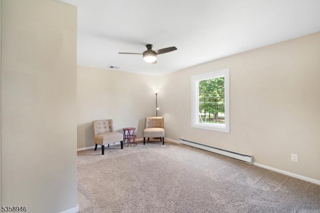 3 Raritan Ave, Roxbury Twp, NJ 07852 - sitting room with a baseboard radiator, ceiling fan, carpet flooring, and baseboards