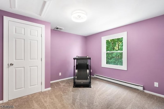 3 Raritan Ave, Roxbury Twp, NJ 07852 - exercise area featuring a baseboard heating unit, carpet floors, and baseboards
