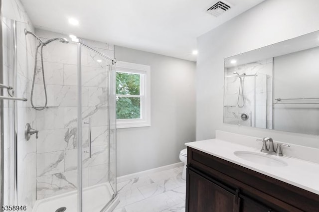 3 Raritan Ave, Roxbury Twp, NJ 07852 - full bath featuring marble look tile flooring, toilet, a marble finish shower, vanity, and baseboards