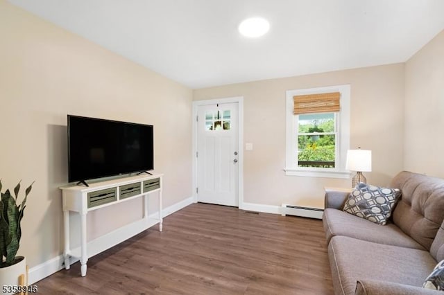 3 Raritan Ave, Roxbury Twp, NJ 07852 - living area with a baseboard radiator, wood finished floors, and baseboards