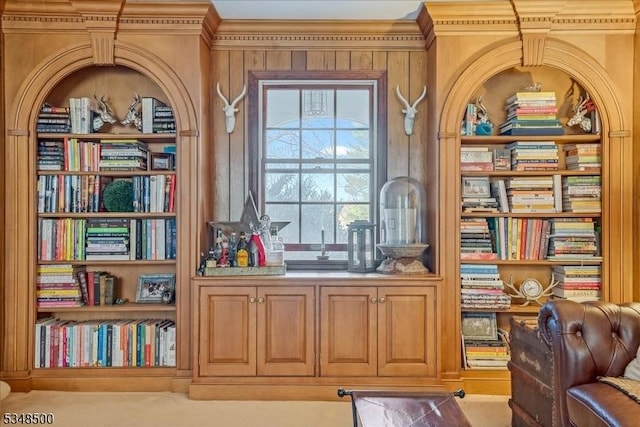 living area featuring built in shelves