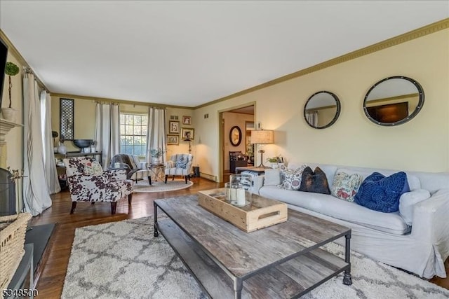 living room featuring dark wood-type flooring and crown molding