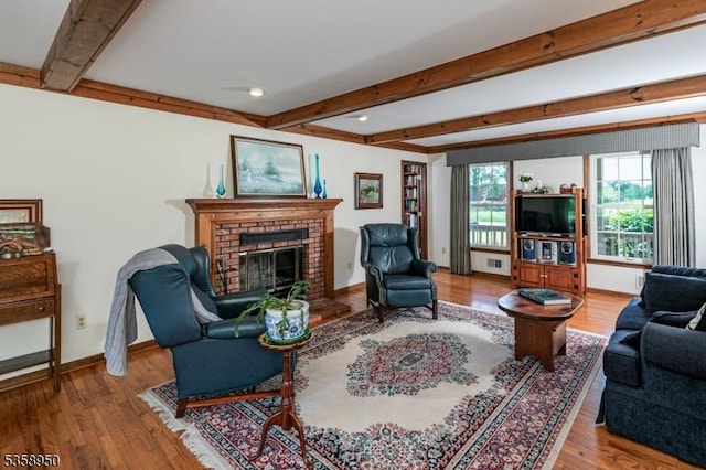 434 Bellemead Griggstown Rd, Montgomery Twp, NJ 08502 - living area featuring a fireplace, beam ceiling, wood finished floors, baseboards, and recessed lighting