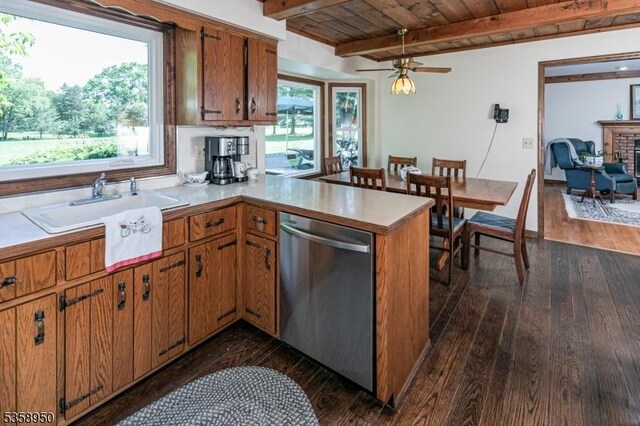 434 Bellemead Griggstown Rd, Montgomery Twp, NJ 08502 - kitchen featuring dishwasher, light countertops, dark wood-style flooring, a peninsula, and wooden ceiling with exposed beams