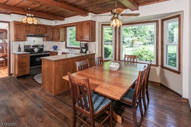 434 Bellemead Griggstown Rd, Montgomery Twp, NJ 08502 - dining space with dark wood-type flooring, wood ceiling with exposed beams, baseboards, and ceiling fan