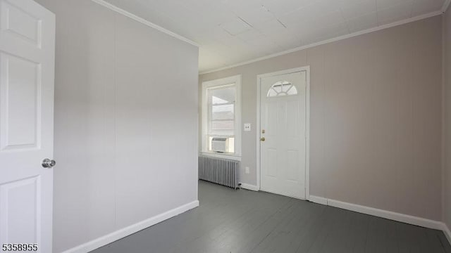 118 S 7th Ave, Manville Boro, NJ 08835 - foyer with radiator, crown molding, dark wood-type flooring, baseboards, and cooling unit