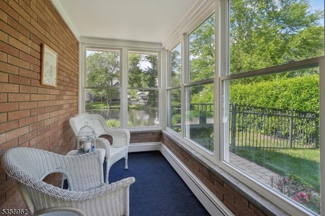 7 Dells Dr, Denville Twp, NJ 07834 - sunroom / solarium featuring brick wall, carpet, a water view, ornamental molding, and a baseboard radiator