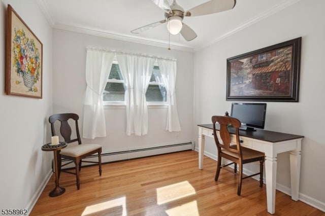 7 Dells Dr, Denville Twp, NJ 07834 - office with light wood-style floors, ornamental molding, a ceiling fan, a baseboard heating unit, and baseboards