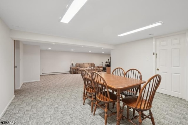 7 Dells Dr, Denville Twp, NJ 07834 - dining space featuring a baseboard heating unit, baseboards, light carpet, and recessed lighting