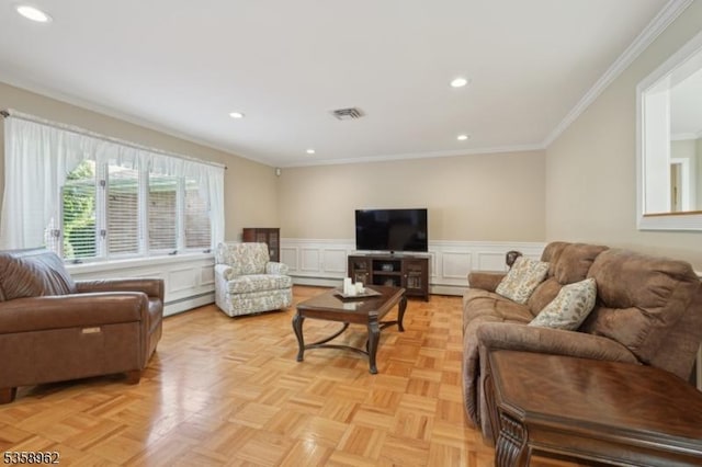 7 Dells Dr, Denville Twp, NJ 07834 - living area featuring crown molding, a baseboard radiator, a wainscoted wall, a decorative wall, and recessed lighting