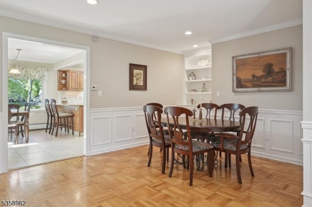 7 Dells Dr, Denville Twp, NJ 07834 - dining room featuring ornamental molding, recessed lighting, wainscoting, a decorative wall, and built in features