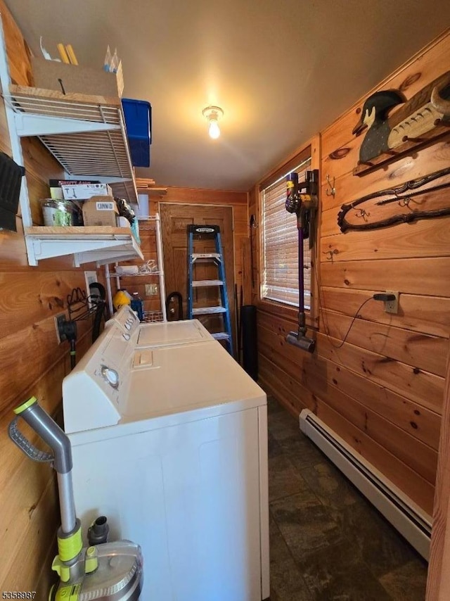100 Old Mashipacong Rd, Montague Twp, NJ 07827 - washroom featuring baseboard heating, wood walls, and washing machine and clothes dryer