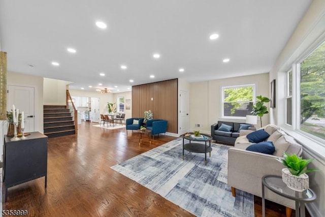 22 Race St, Nutley Twp, NJ 07110 - living area featuring stairway, wood finished floors, and recessed lighting