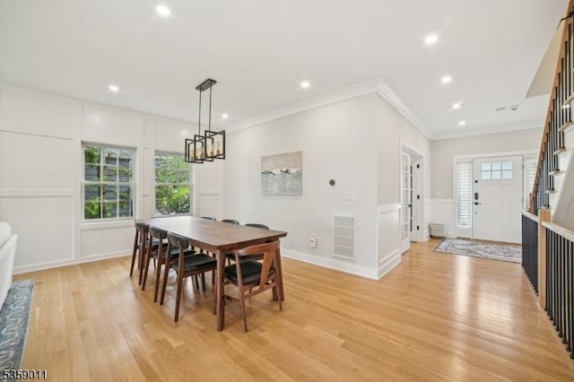 84 Elmwood Ave, Chatham Boro, NJ 07928 - dining area with a decorative wall, ornamental molding, light wood-style floors, recessed lighting, and stairway