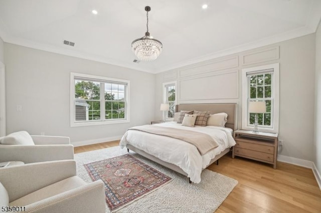84 Elmwood Ave, Chatham Boro, NJ 07928 - bedroom with a chandelier, crown molding, baseboards, light wood-style flooring, and recessed lighting