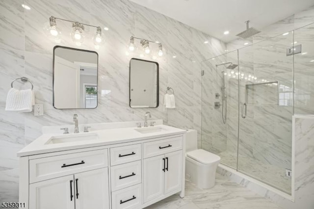 84 Elmwood Ave, Chatham Boro, NJ 07928 - bathroom featuring tile walls, marble finish flooring, a marble finish shower, double vanity, and toilet