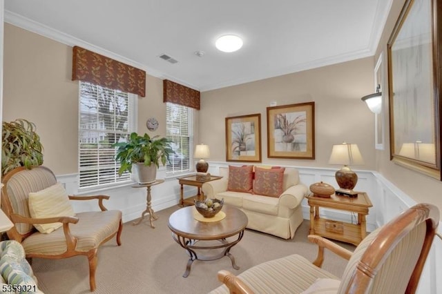 7013 Brookfield Glen Dr, White Twp, NJ 07823 - living area featuring crown molding, wainscoting, carpet flooring, and a decorative wall