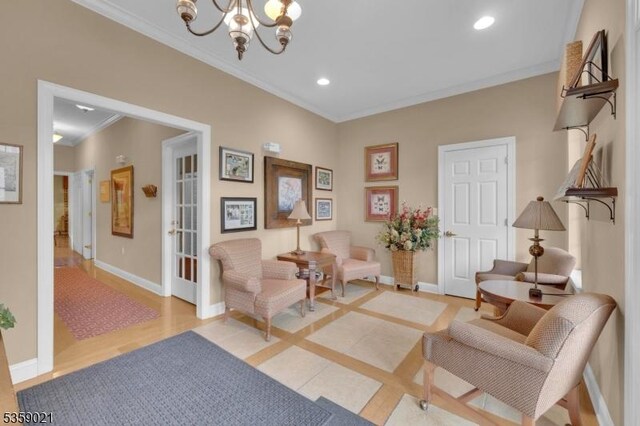7013 Brookfield Glen Dr, White Twp, NJ 07823 - living area featuring ornamental molding, a chandelier, and recessed lighting