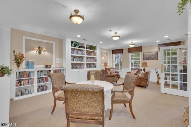 7013 Brookfield Glen Dr, White Twp, NJ 07823 - dining area featuring light colored carpet, built in shelves, and recessed lighting