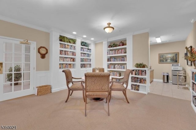 7013 Brookfield Glen Dr, White Twp, NJ 07823 - carpeted dining area with ornamental molding, built in shelves, and recessed lighting