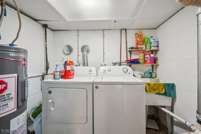 2 Beach Plz, Hardyston Twp, NJ 07460 - laundry room with water heater, washer and clothes dryer, and concrete block wall