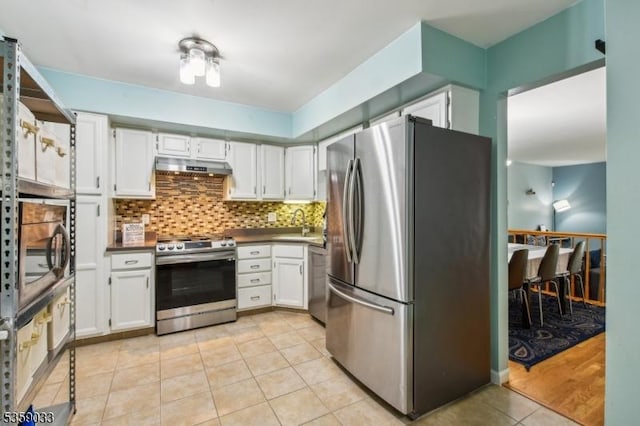 25 Manor Dr, Hillsborough Twp, NJ 08844 - kitchen with appliances with stainless steel finishes, under cabinet range hood, light tile patterned floors, and white cabinets