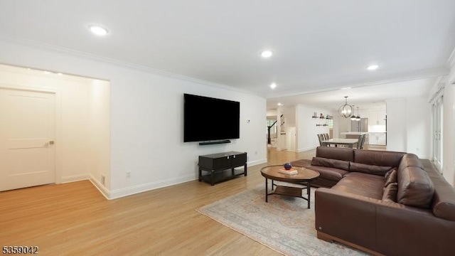 6 Balfour Ln, Scotch Plains Twp, NJ 07076 - living room with crown molding, light wood-style floors, recessed lighting, a chandelier, and baseboards
