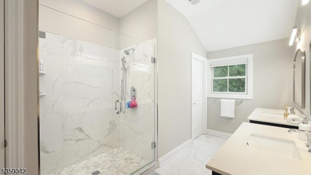 6 Balfour Ln, Scotch Plains Twp, NJ 07076 - full bath featuring marble finish flooring, double vanity, a marble finish shower, vaulted ceiling, and baseboards