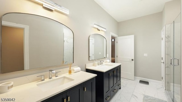 6 Balfour Ln, Scotch Plains Twp, NJ 07076 - full bathroom with marble finish flooring, two vanities, a marble finish shower, and baseboards
