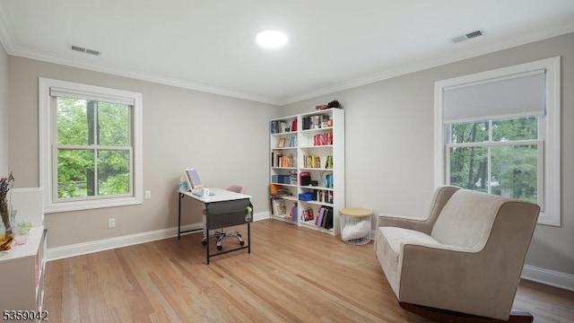 6 Balfour Ln, Scotch Plains Twp, NJ 07076 - home office with healthy amount of natural light, ornamental molding, light wood-style flooring, and baseboards