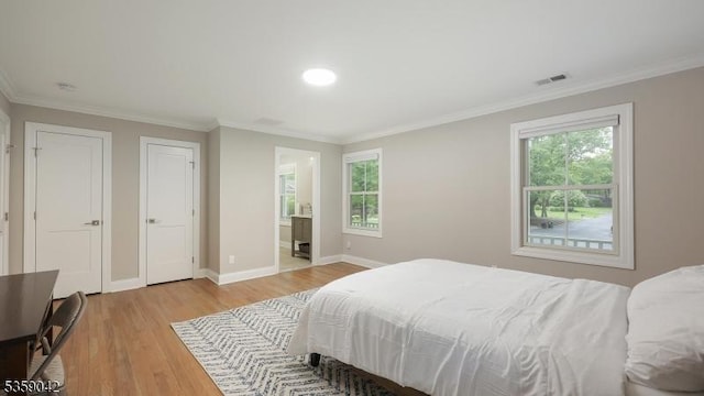 6 Balfour Ln, Scotch Plains Twp, NJ 07076 - bedroom with light wood-style flooring, multiple windows, ornamental molding, baseboards, and connected bathroom
