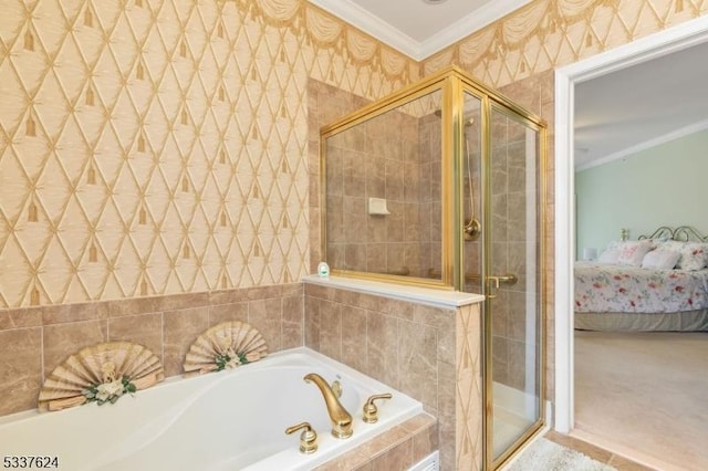 2307 Ambassador Ct Unit 2307, Franklin Twp, NJ 08873 - ensuite bathroom with ornamental molding, a stall shower, and a garden tub