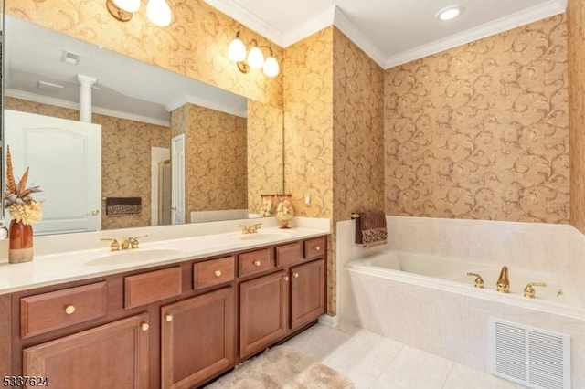 2307 Ambassador Ct Unit 2307, Franklin Twp, NJ 08873 - bathroom featuring crown molding, wallpapered walls, a garden tub, double vanity, and tile patterned floors