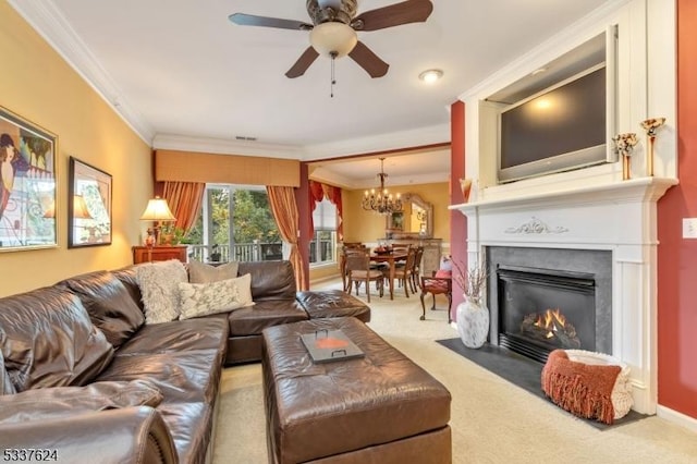 2307 Ambassador Ct Unit 2307, Franklin Twp, NJ 08873 - living room featuring crown molding, carpet flooring, a fireplace with flush hearth, a chandelier, and ceiling fan