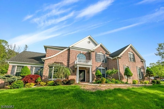 4 Greenbriar Ct, Mount Olive Twp, NJ 07836 - georgian-style home with a front lawn, brick siding, and a balcony
