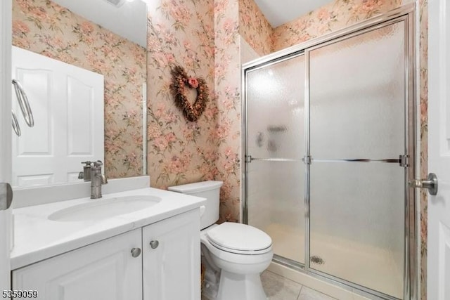 1 Fleming Rd, Tewksbury Twp, NJ 07830 - bathroom featuring wallpapered walls, a shower stall, vanity, toilet, and tile patterned flooring