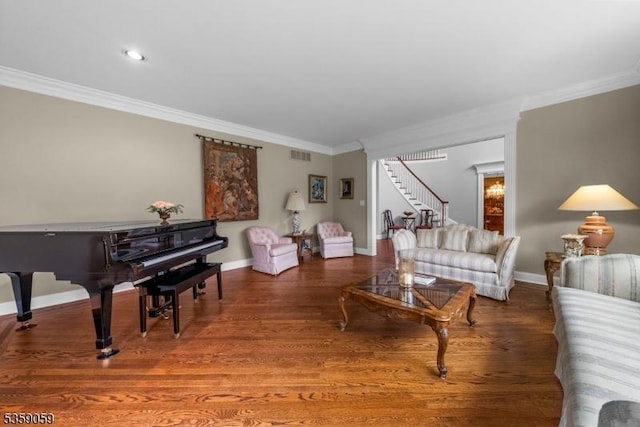 1 Fleming Rd, Tewksbury Twp, NJ 07830 - living room with crown molding, baseboards, wood finished floors, and stairway